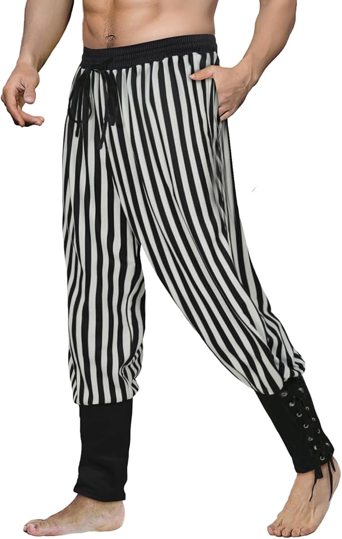 Mens Pirate Pants Linen Black and White Stripes XL