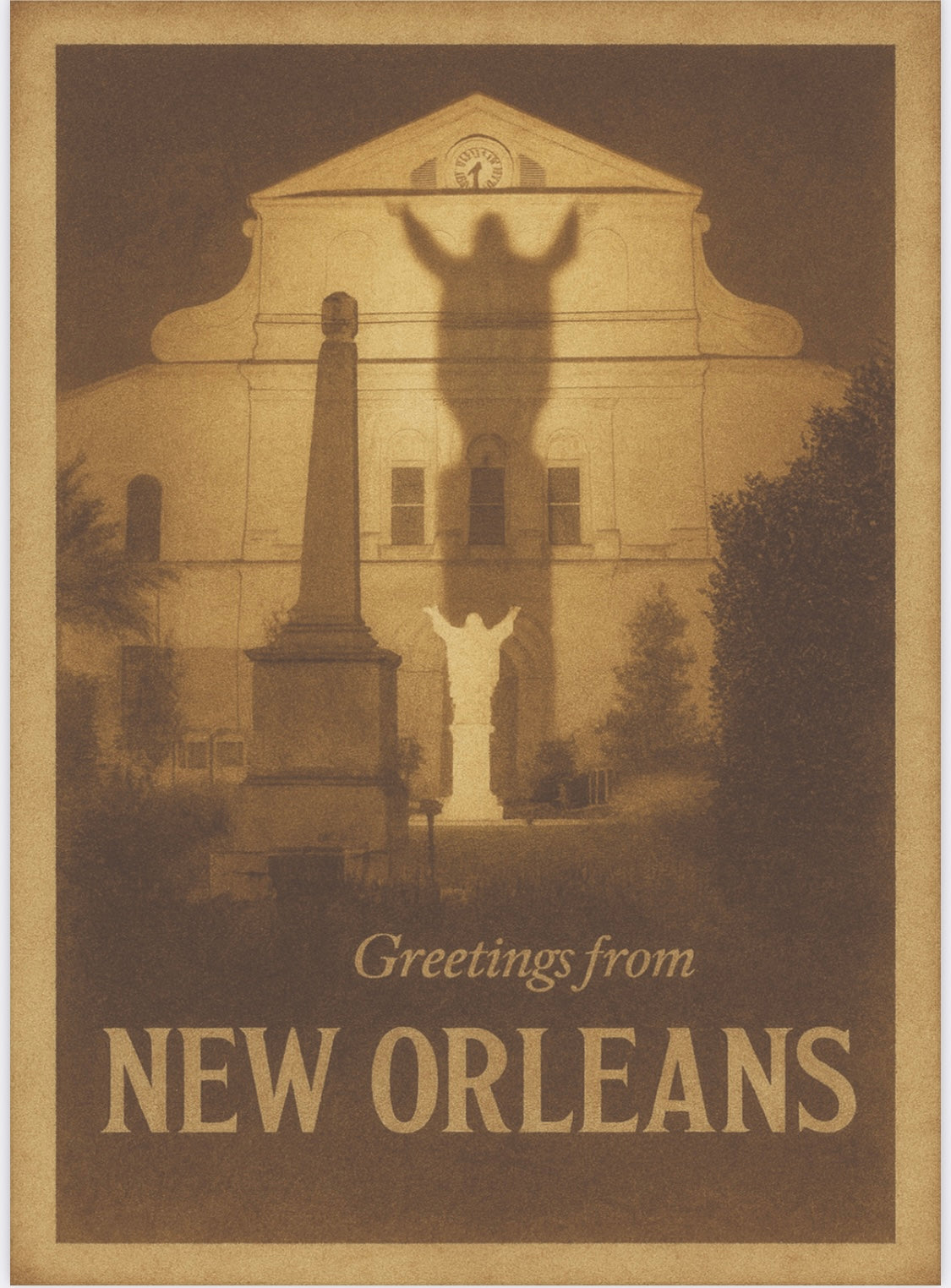 Vintage inspired Pirate postcard -Touchdown Jesus "Greetings from New Orleans"