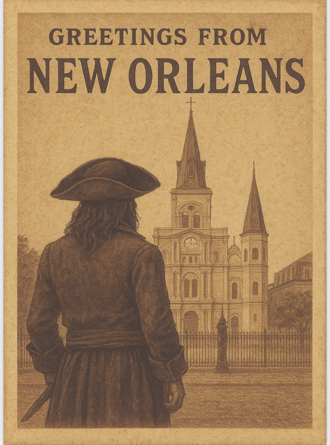 Vintage inspired Pirate postcard -Pirate and Cathedral "Greetings from New Orleans"