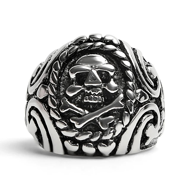 Polished Skull and Crossbones with Ocean Pattern Stainless Steel Ring