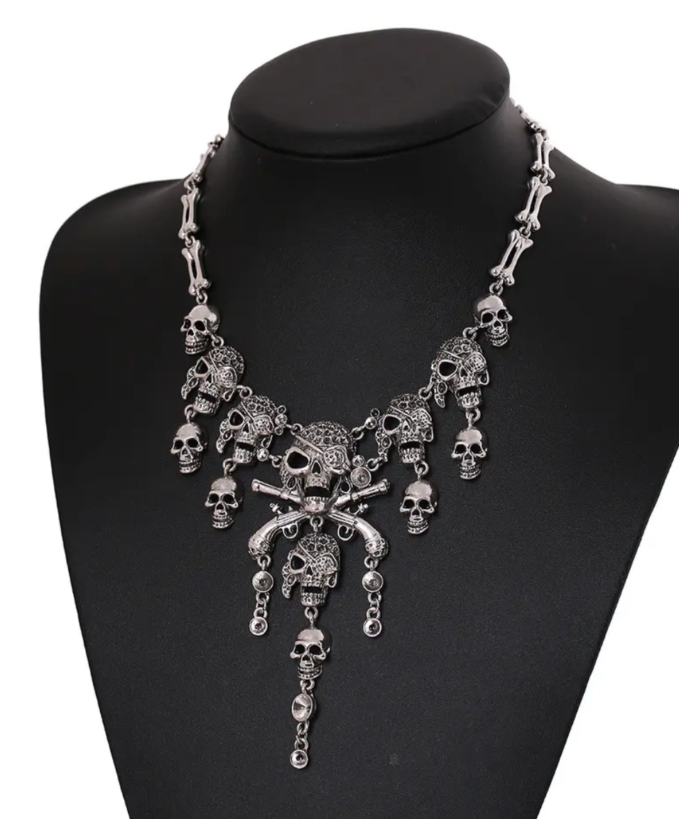Multi-Level Pirate Skull Tassel Charm Necklace