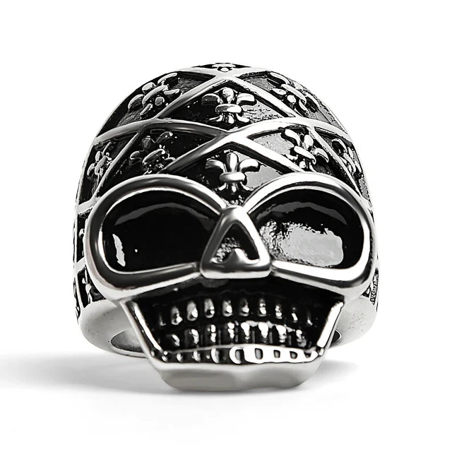 Stainless Steel Skull with Fleur De Lis Pattern Ring