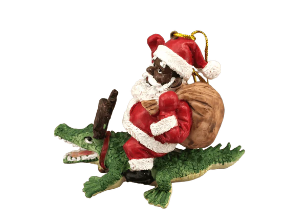Large Black Santa Riding Alligator Ornament