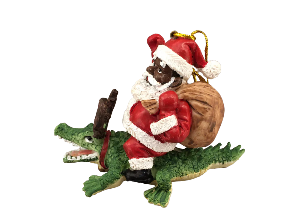 Small Xmas ornament Black Santa riding alligator