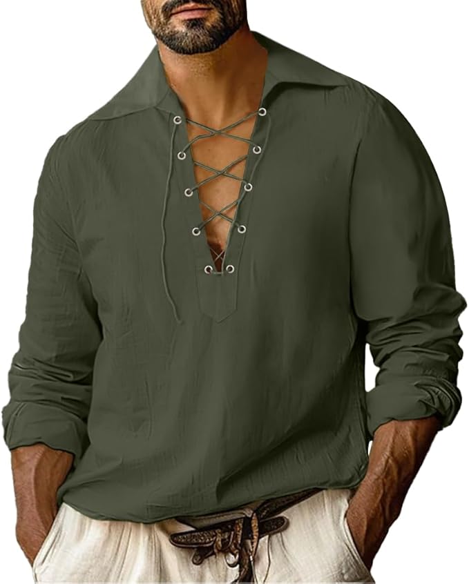 Mens Cotton Linen Shirt Drawstring Green
