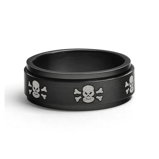 Black with White Skulls Stainless Steel Spinner Ring