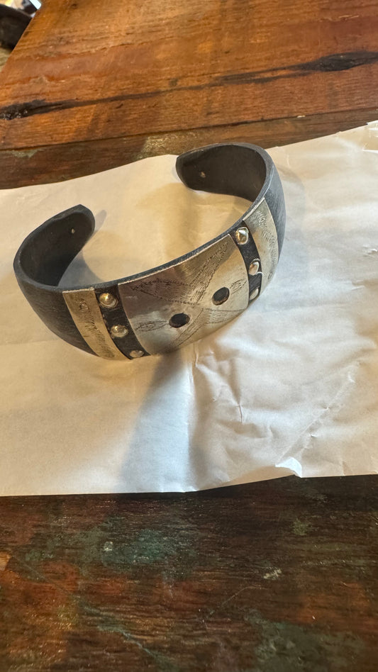 Vintage Handcrafted Moroccan buffalo horn cuff with engraved white-metal Amazigh-inspired accents.