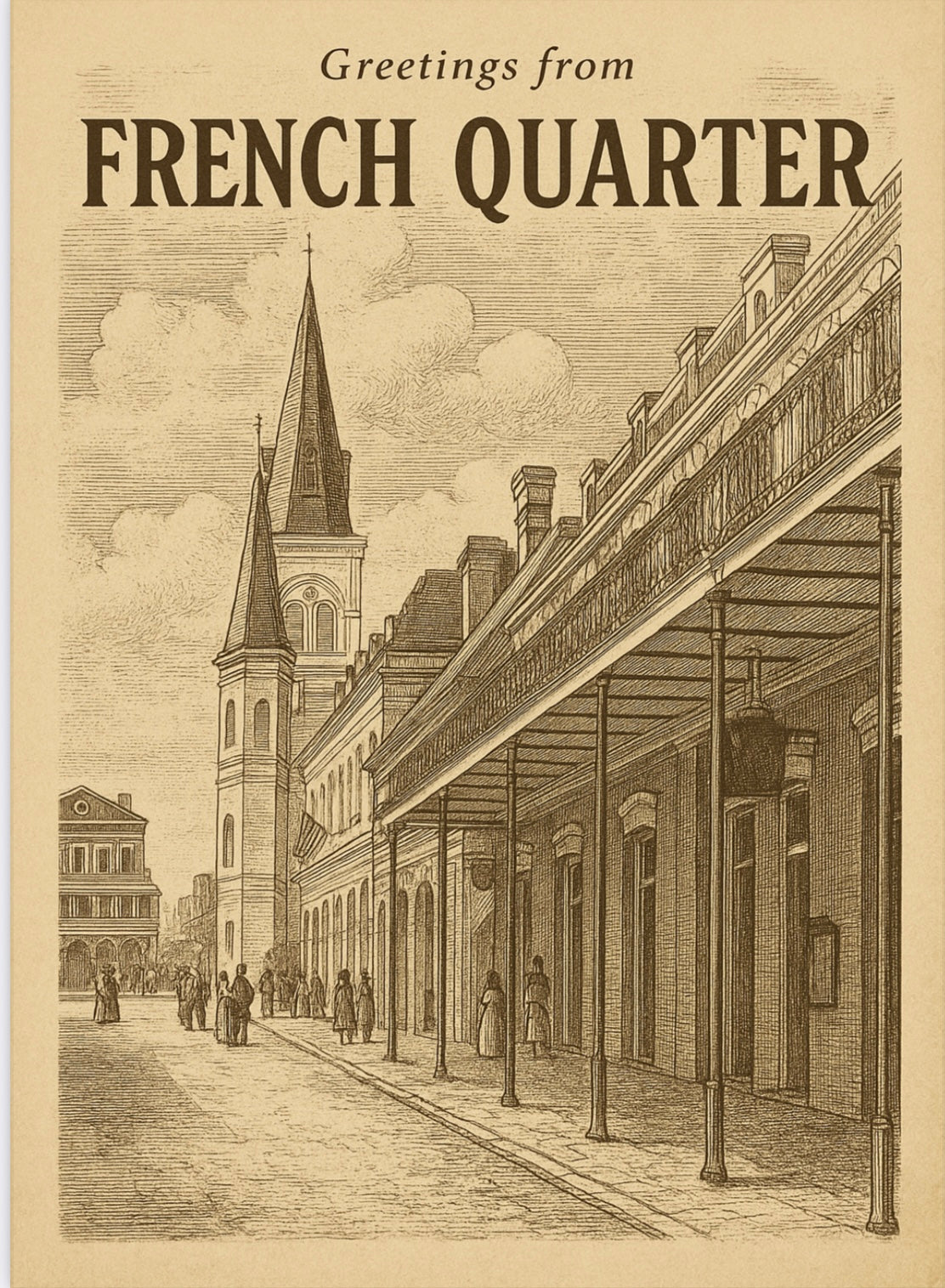 Vintage inspired Pirate postcard - Chartres street "Greetings From French Quarter"
