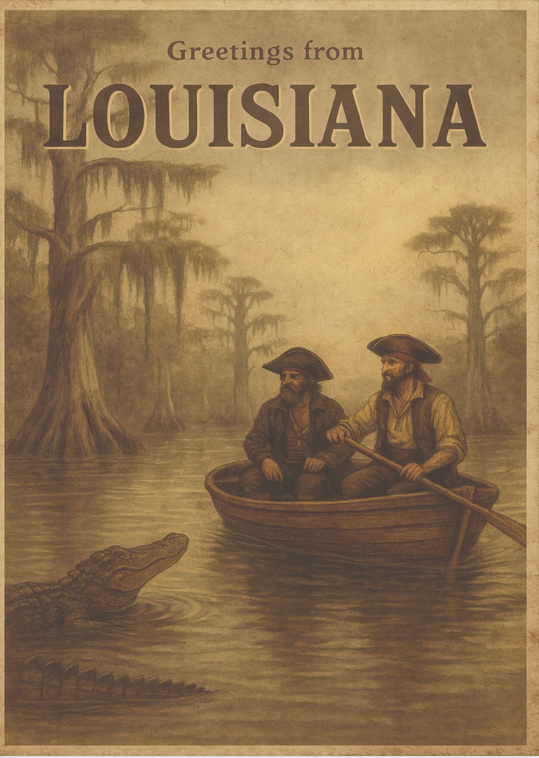 Vintage inspired Pirate postcard - Louisiana Swamp Pirates "Greetings From Louisiana"