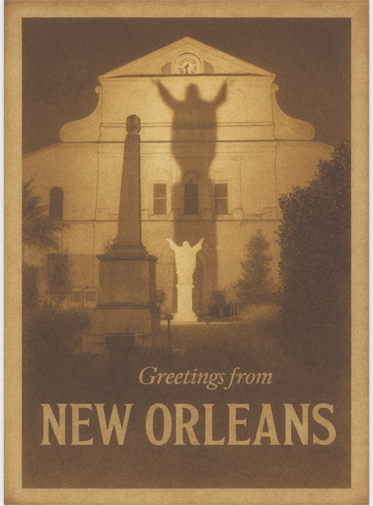 Vintage inspired Pirate postcard -Touchdown Jesus "Greetings from New Orleans"