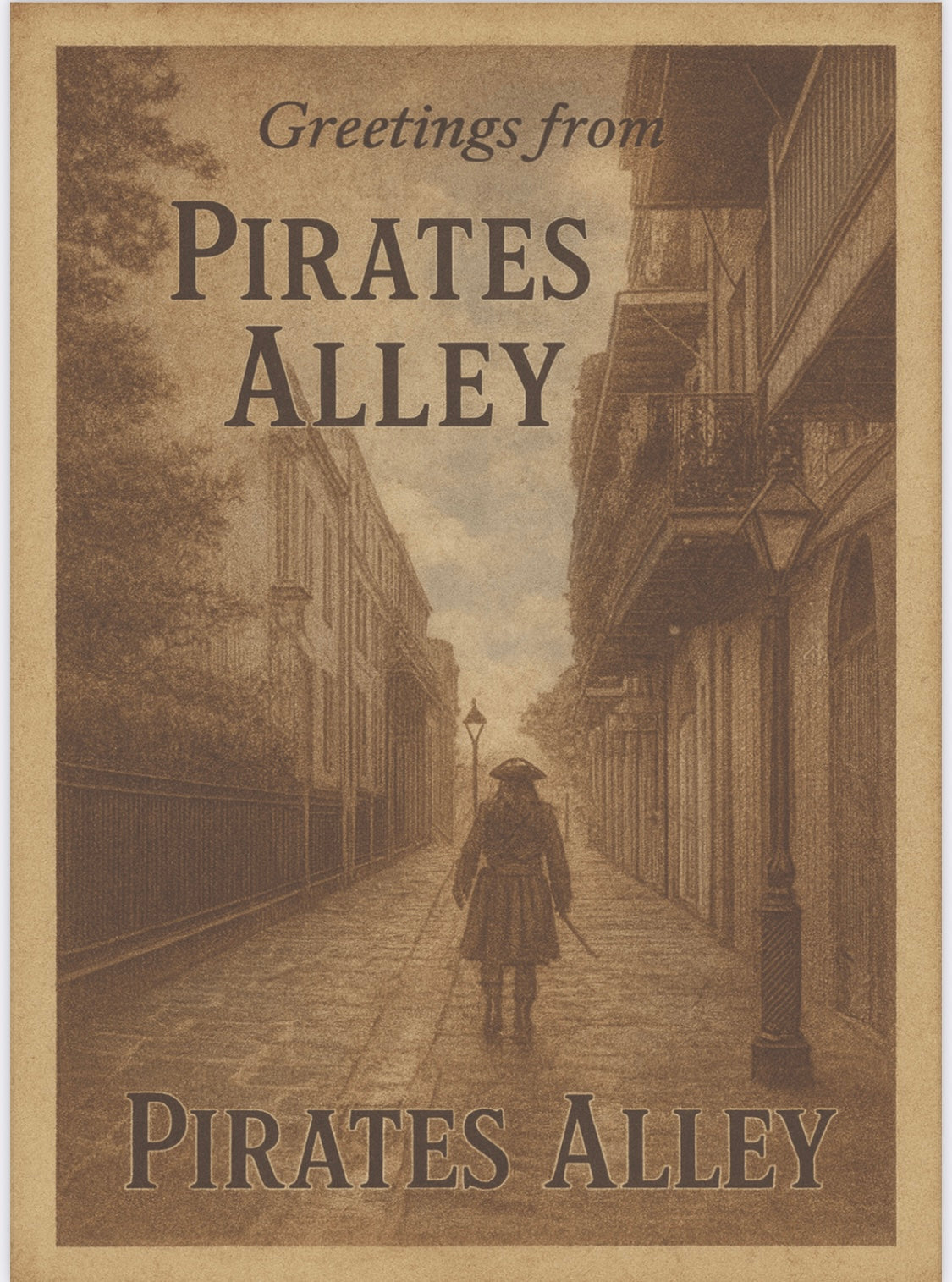 Vintage inspired Pirate postcard -Pirate in Pirates Alley "Greetings from Pirates Alley"