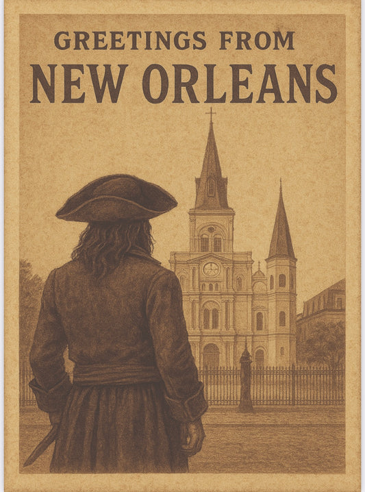 Vintage inspired Pirate postcard -Pirate and Cathedral "Greetings from New Orleans"