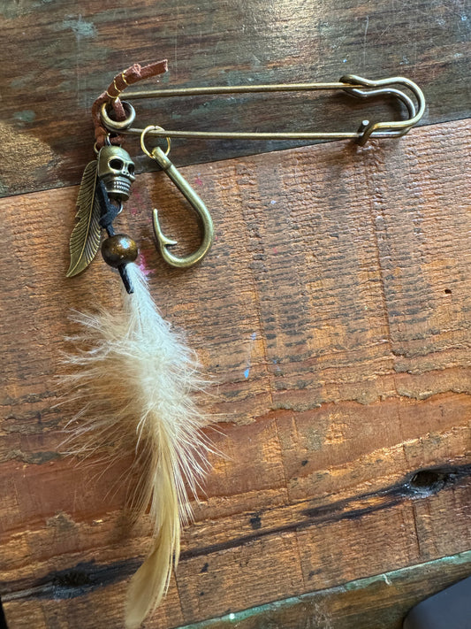 Large Hat Pin Featuring Various Colored Feathers and Various Pirate Charms $21.00