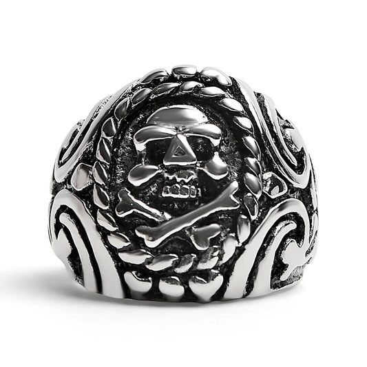 Polished Skull and Crossbones with Ocean Pattern Stainless Steel Ring