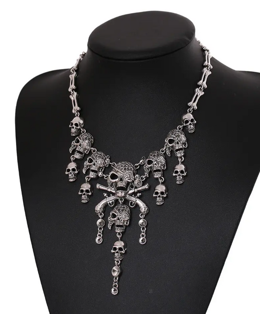 Multi-Level Pirate Skull Tassel Charm Necklace