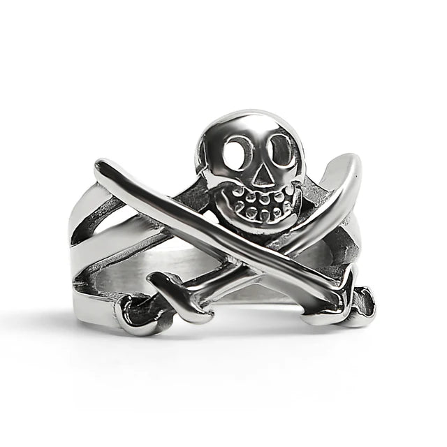 Stainless Steel Pirate Jolly Roger Skull with Crossed Swords Ring