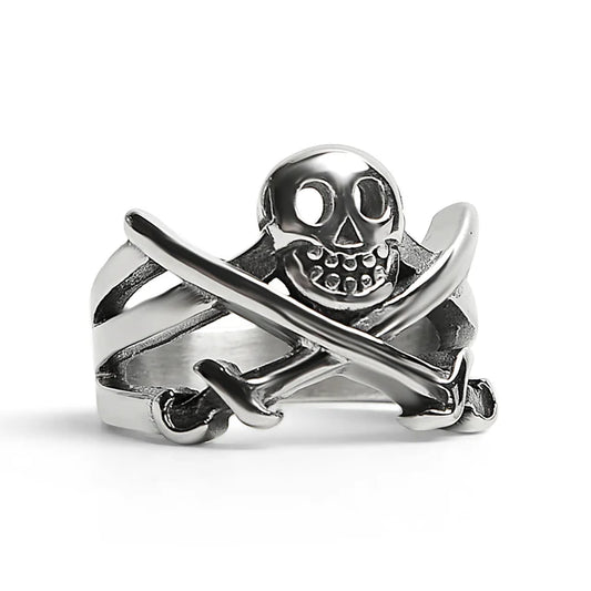 Stainless Steel Pirate Jolly Roger Skull with Crossed Swords Ring