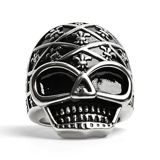 Stainless Steel Skull with Fleur De Lis Pattern Ring