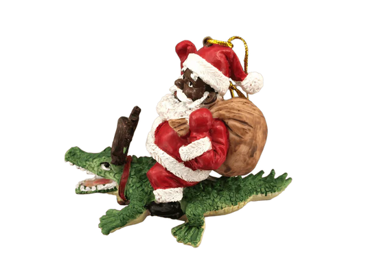 Large Black Santa Riding Alligator Ornament