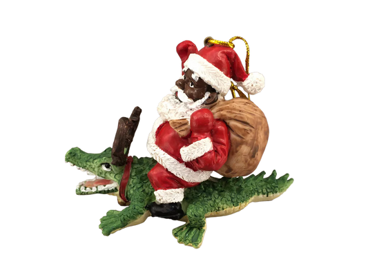 Small Xmas ornament Black Santa riding alligator